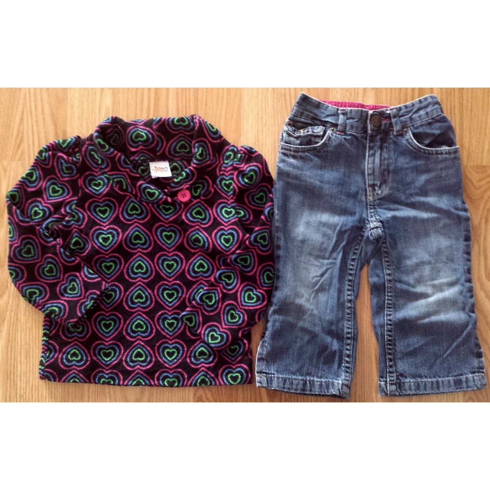 Girl's Size 18-24 M Months 2P Black Circo Fleece Heart Top, Denim Baby Gap Jeans